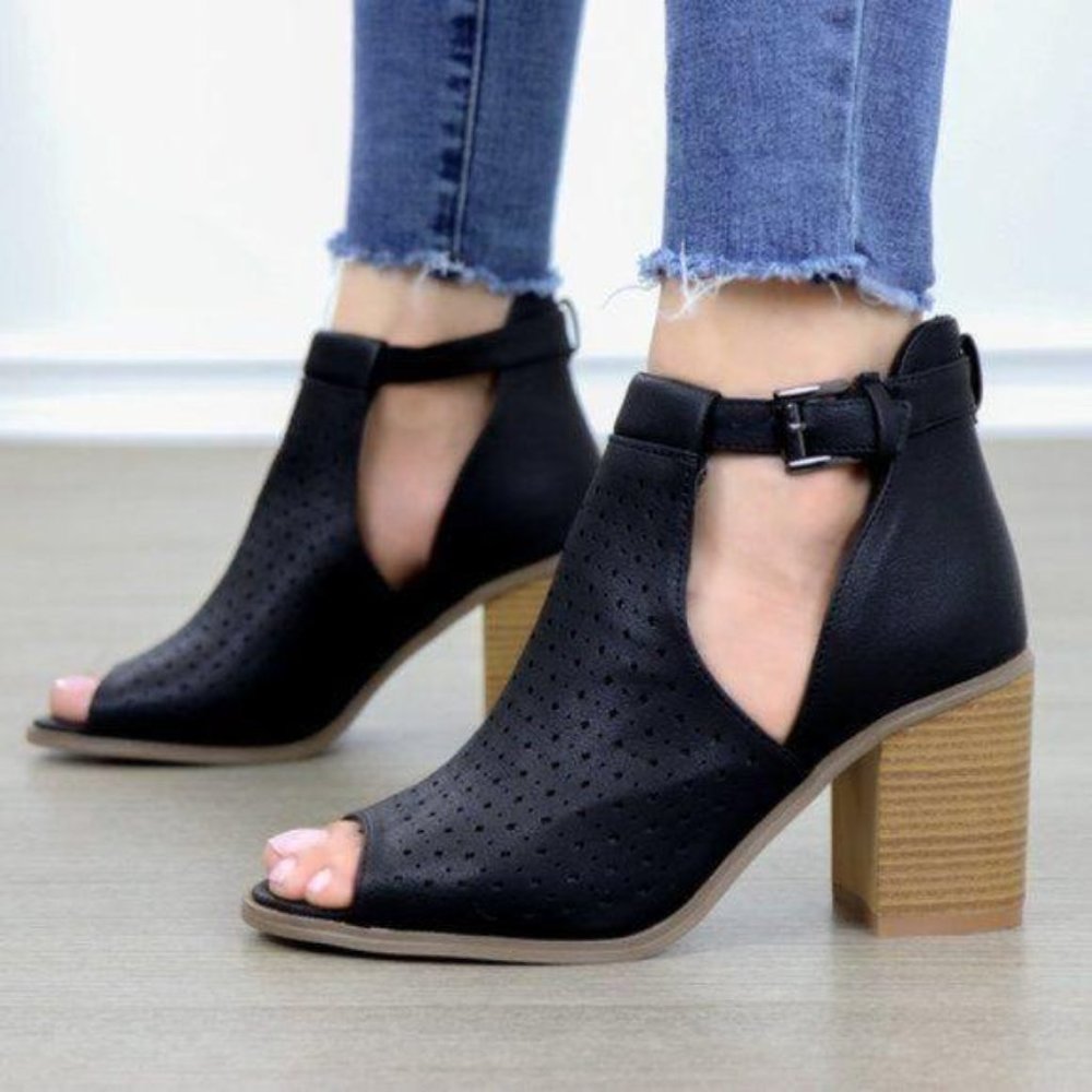 Peep Toe Black Faux Leather Heeled Ankle Boots - Picture 2 of 7